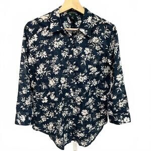 Lauren Ralph Lauren Floral Button-Up Navy blue casual Blouse Medium Cottage Soft